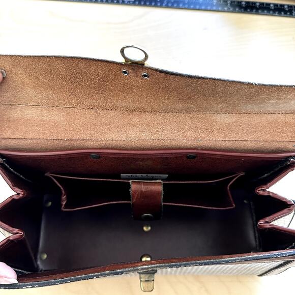 Vintage John Romain The Vouge Handbag 70s Sturdy Leather Tweed Brown Cream - Picture 5 of 7